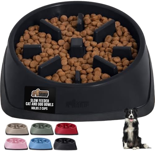GORILLA GRIP® Patented Slow Feeder Dog and Cat Bowl, BPA Free, 2 Cup Black by GorillaGrip