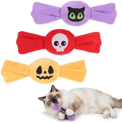 KOOLTAIL 3 Pack Halloween Catnip Toys, Candy Shaped Filled Plush Crinkle Interactive Chew Toys with Spooky Pumpkin Skull Patterns for Indoor Cats Kittens, Boredom Relief Holiday Pet Play Gifts by KOOLTAIL
