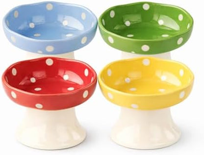 Elevated Ceramic Cat Bowls Set of 4, Mushroom Raised Wide & Shallow Cat Food and Water Bowls, Whisker Friendly Feeding Bowls for Cats & Small Dogs (Red+Yellow+Blue+Green) by Unknown