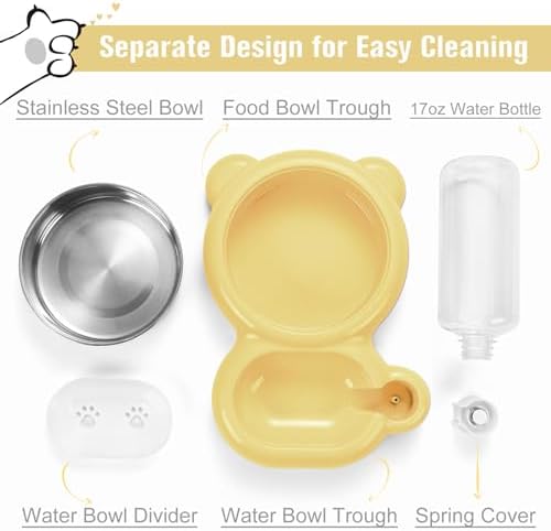 Dog Bowls, Cat Food and Water Bowl Set with Water Dispenser and Stainless Steel Bowl for Cats and Small Dogs - Yellow - Image 3