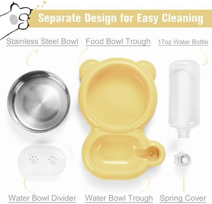 Dog Bowls, Cat Food and Water Bowl Set with Water Dispenser and Stainless Steel Bowl for Cats and Small Dogs - Yellow - Image 3