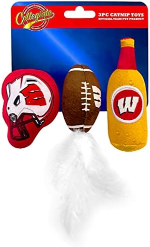 BEST PLUSH CAT TOY - NCAA WISCONSIN BADGERS Complete Set of 3 piece Cat Toys filled with Fresh Catnip. Includes: 1 Helmet Cat Toy, 1 Football Cat Toy with Feathers & 1 Beer Bottle. Beautiful Team LOGO by PETSFIRST