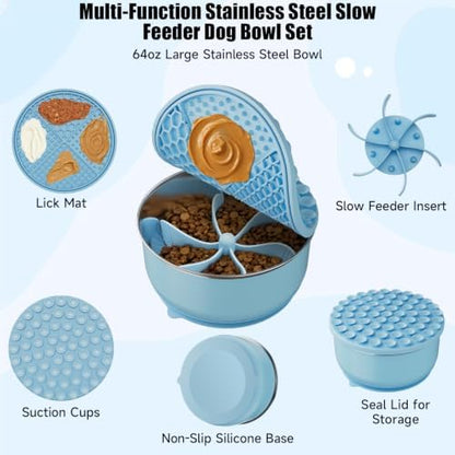 3-in-1 Stainless Steel Slow Feeder Dog Bowl with Lick Mat Storage Lid - Image 2