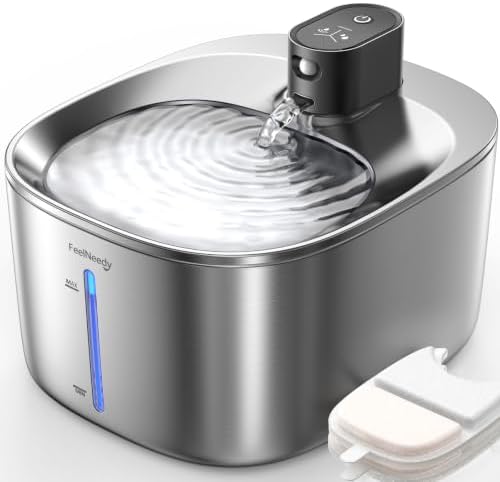 FEELNEEDY Wireless Cat Water Fountain Stainless Steel with Sensor, 4000mAh Battery Operated, 4L/135fl oz Pet Water Fountain for Cats Dogs, Ultra Quiet Cat Drinking Fountain with 2 Filters (YPD-C004S) by FEELNEEDY