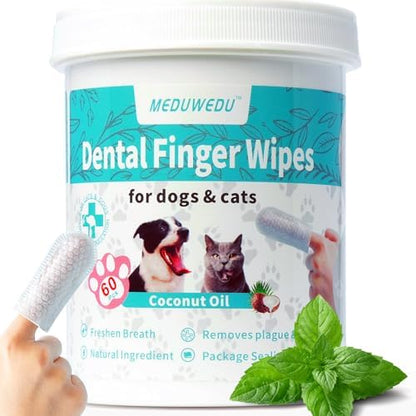 MEDUWEDU Dental Care Finger Wipes 60 Counts,Teeth Cleaning Finger Wipes for Dogs & Cats,Reduces Plaque & Freshens Breath, Mint Scent by MEDUWEDU
