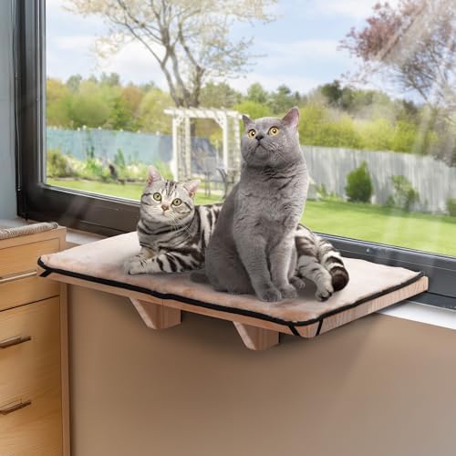 PETSFIT Cat Window Perch for 2 Cats, Adjustable, Solid Wood, Removable Mat by Petsfit