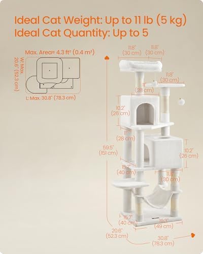Feandrea Cat Tree, 59.5-Inch Tall Cat Tower, Multi-Level Condo, Cream White - Image 5