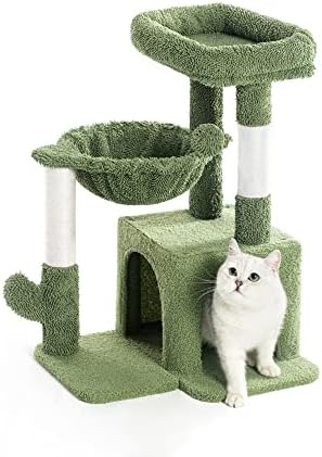 Pesofer Cactus Cat Tree, Small Cat Tower with Sisal Scratching Post and Hammock Green - Image 3