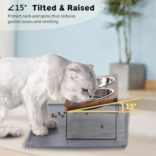 Upgraded Elevated Cat Bowls with Food Mat,15°Tilted Stand Anti Vomiting Raised Cat Dishes for Food and Water,2 Stainless Steel Bowls for Cats and Puppy（Rustic Brown） - Image 4