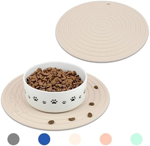 Ptlom Silicone Pet Food Mat for Dogs and Cats Placemat 2Pcs, Waterproof Non-Slip Feeding Bowl Mats Prevent Food and Water Overflow, Silicone Puppy Mat Suitable for Small Medium Pets, Beige, 9.5Inch by PTLOM