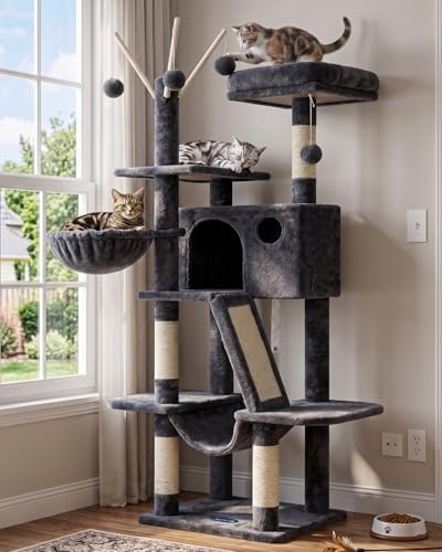 Hey-brother Cat Tree Tower with Padded Platform Bed, Hammock, MPJ019-SG by Hey-brother