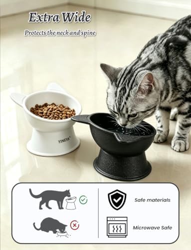 YINEYA Elevated Cat Bowls 2 Pcs, Cat Food Bowl to Protect Neck & Anti-Vomit, Whisker-Friendly Raised Food and Water Bowls Set for Indoor Cats/Small Dogs, Cute Pet Feeding Bowl 6 OZ Each, Black&White - Image 3
