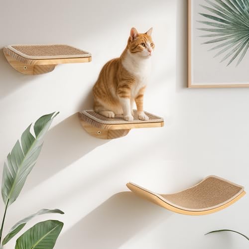 Cat Wall Shelves, Cat Window Perches with Curved Bed & 2 Sisal Mat Steps by PELUOMOZ