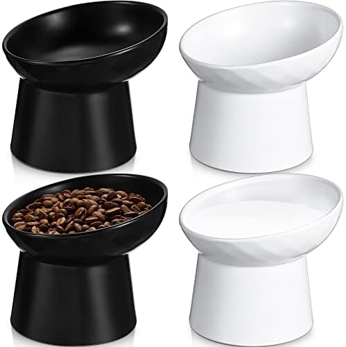 Tanlade 4 Pcs Ceramic Raised Cat Bowls, Elevated Tilted Cat Bowl for Food Water, Stress Free, Backflow Prevention, Dishwasher Microwave Safe, Feeder Dish for Indoor Kitten, Small Dogs(White and Black) by Tanlade