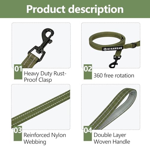 Reflective 6 FT Dog Leash, Premium Traditional Style Puppy Leash with Easy to Use Collar Hook for Small, Medium, and Large Breed Puppies (Green, 3/4 in x 6 ft) - Image 2