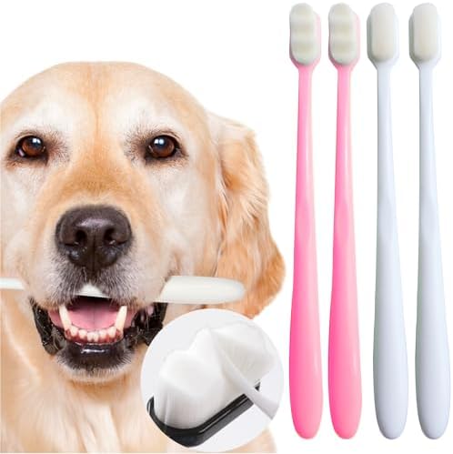 Dog Toothbrush Kit, Ultra Soft Pet Tooth Brush for Medium to Large Dogs & Cats 4 Pack, Pinkwhite by MoonyMars