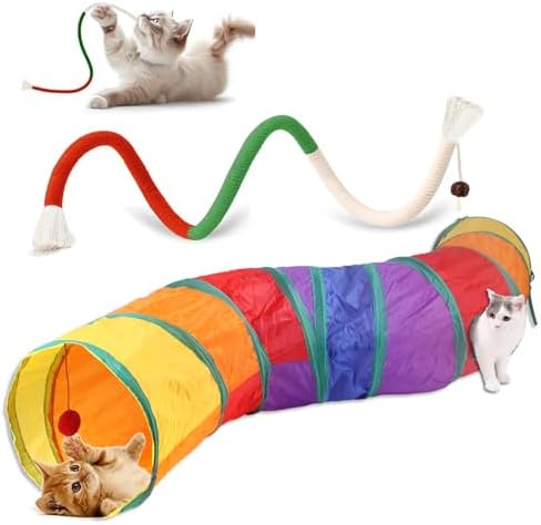 Collapsible Durable Rainbow Cat S-Tunnel & Chew Rope Set, Interactive Indoor Kitten Toy for Active Play by Unknown