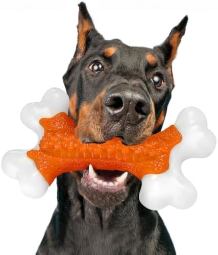 Kseroo Indestructible Dog Toys for Aggressive Chewers: Peanut Butter Flavored Hard Nylon Bone Chew Toys, Tough Dog Chew Toys for Large Dogs, Dog Toys to Keep Them Busy for Medium Large Breed, Orange by KserooDogToys