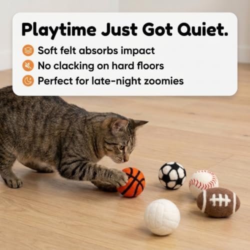 Glaciart One Sports Wool Balls for Cats – 5 Pcs with Catnip Pouch - Soft Fuzzy Enrichment 100% Natural Felt Cat Toy - Interactive Play Cat Toy Set - Safe for Pets, Non-AZO Colored Dyes – 1.6” - Image 2