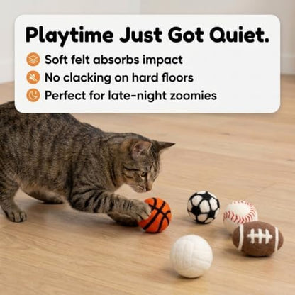Glaciart One Sports Wool Balls for Cats – 5 Pcs with Catnip Pouch - Soft Fuzzy Enrichment 100% Natural Felt Cat Toy - Interactive Play Cat Toy Set - Safe for Pets, Non-AZO Colored Dyes – 1.6” - Image 2