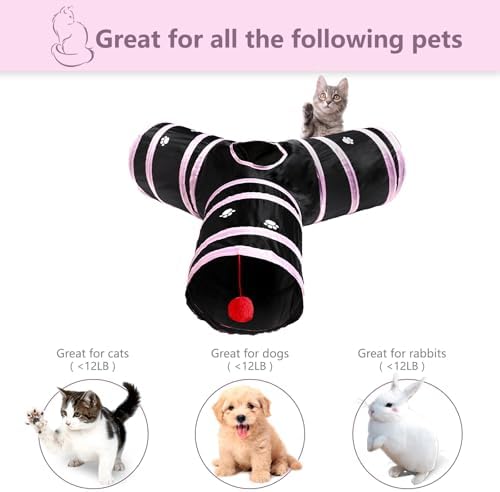 3 Way Cat Tunnel Collapsible Fun Pet Play Tube Toys for Cats, Kittens, Puppies & Rabbits - Portable Tunnel with Hanging Ball for Indoor Play, Hideout & Exercise - Image 4