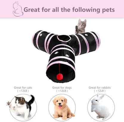 3 Way Cat Tunnel Collapsible Fun Pet Play Tube Toys for Cats, Kittens, Puppies & Rabbits - Portable Tunnel with Hanging Ball for Indoor Play, Hideout & Exercise - Image 4