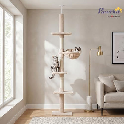 PawHut 102" Adjustable Height Floor to Ceiling Cat Tree, 5 Level Beige - Image 2