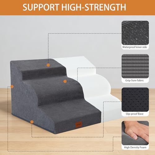 Dog Stairs for Small Dogs,15.7" H,3-Step Curved Pet Ramp for Bed Couch Sofa and Chair,Non-Slip Pet Steps for Injured & Senior Pets with Washable Cover and Durable High Density Foam,Grey - Image 4