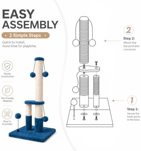 Dimaka Tall Cat Scratching Post, Double Lower Posts Extra Stable Cat Post Tree Scratcher with Sisal Rope and Teasing 4 Balls Total Large Base (Blue) - Image 7