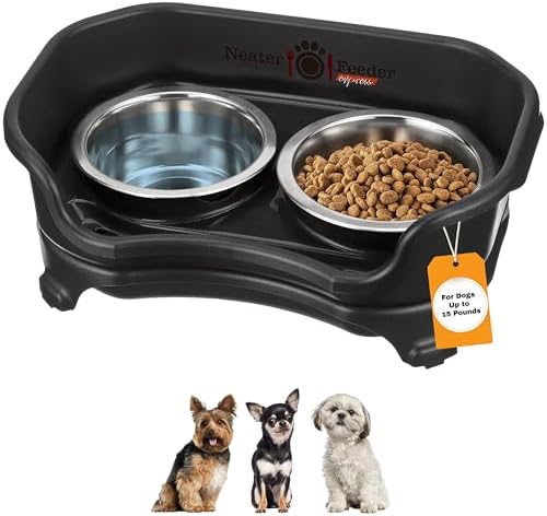 Neater Feeder Express Mess Proof Dog Bowls Elevated for Small Breeds Under 15 Lb, Made in USA, No Spill Raised Dog Food Bowl Stand, Stainless Steel Food and Water Bowl Set, Feeding Station, Black by NeaterPets
