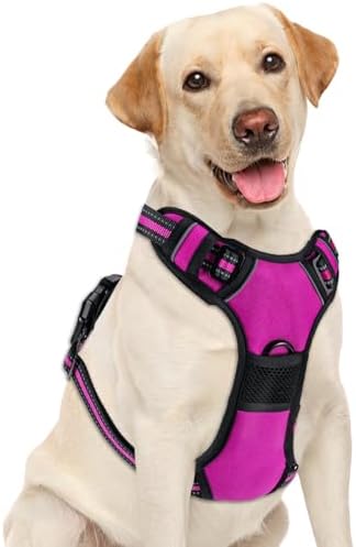 No Pull Dog Harness, Adjustable Reflective Front Clip Pet Vest with Easy Control Handle for Medium Large Dogs (Rose Red,L) by Unknown