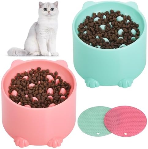 2 Pcs Raised Slow Feeder Cat Bowl, Plastic Elevated Cat Slow Feeder Bowl with Anti-Skid Mat, Raised Slow Cat Feeder for Dry and Wet Food (Green＆Pink) by Unknown