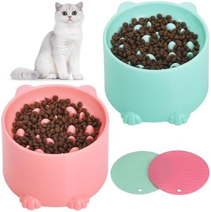 2 Pcs Raised Slow Feeder Cat Bowl, Plastic Elevated Cat Slow Feeder Bowl with Anti-Skid Mat, Raised Slow Cat Feeder for Dry and Wet Food (Green＆Pink) by Unknown