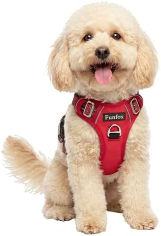 Funfox Dog Harness No Pull, Adjustable Pet Vest Harness, Super Soft Material with Vertical Handle Easy Control, Reflective Night Walking, 2 Leash Clips for Small Sized Dogs, Red, S by MyFUNFOX