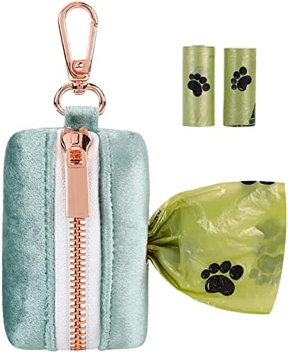 ARING PET Dog Waste Bag Dispenser, Velvet Green Doggy Poop Bags Holders Attach to Any Leashes, Portable Washable Pet Waste Pouch Dispenser with Metal Zipper by ARINGPET