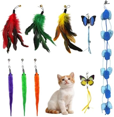 Cat Wand Refills, [9 Pack] Interactive Cat Toys Replacement with Feather, Worm, Ribbon, Caterpillar, Butterfly Attachments, Retractable Cat Teaser Wand Refill by KrauzPet