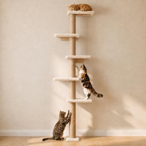 80-Inch Wall-Mounted Cat Tree with Scratching Post & 5 Perches, Beige by AGYM