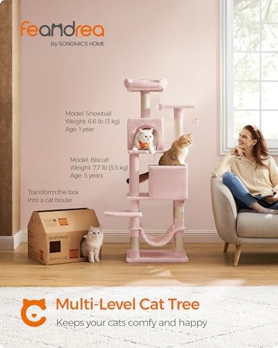 Feandrea Cat Tree, 59.5-Inch Tall Cat Tower, Multi-Level Condo, Jelly Pink - Image 2