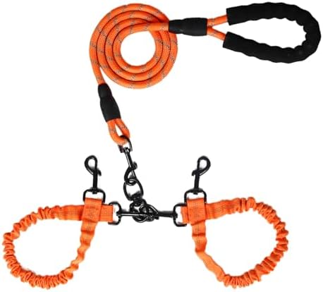 Dog Double Leashes,Rope Bungee Dual Leash with Padded Handle Removable for 2 Dogs,Tangle-Free, Padded Handles, 360° Swivel Control Control (Orange, 2 Way) by Y-ANNJYA
