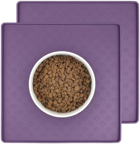 2 Pack Dog Food Mat Anti-Slip Bowl Mats for Food and Water, Waterproof Silicone Pet Placemat with High Raised Edges, Non-Slip Puppy Feeding Tray for Small, Medium Large Cats Dogs, Purple, 11.8"x11.8" by PTLOM