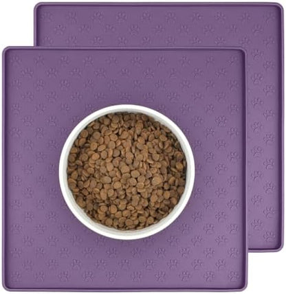 2 Pack Dog Food Mat Anti-Slip Bowl Mats for Food and Water, Waterproof Silicone Pet Placemat with High Raised Edges, Non-Slip Puppy Feeding Tray for Small, Medium Large Cats Dogs, Purple, 11.8"x11.8" by PTLOM