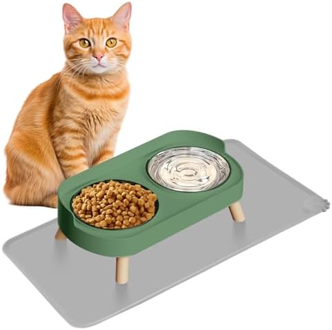Elevated Cat Bowl with Food Mat, Raised Cat Food and Water Bowl Set for Indoor Cats, Splash Proof with 2 Stainless Steel Pet Food Bowls for Cats and Puppies,Whisker Fatigue and Dishwasher Safe (Green) by HIAIEVIY