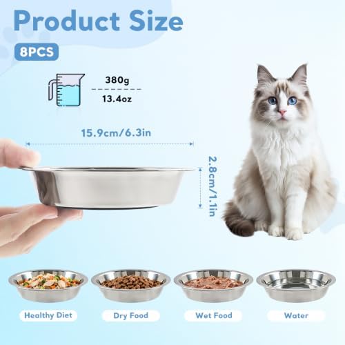 8Pcs Stainless Steel Cat Bowls, Cat Food Bowl with Non-Slip Silicone Bottom - Image 2