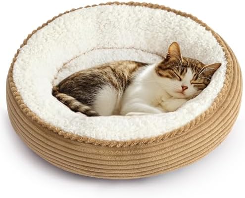 Love's cabin Round Donut Cat and Dog Cushion Bed, 20in Pet Bed for Cats or Small Dogs, Anti-Slip & Water-Resistant Bottom, Super Soft Durable Fabric Pet beds, Washable Luxury Cat Dog Bed Stripe Camel by Lovescabin