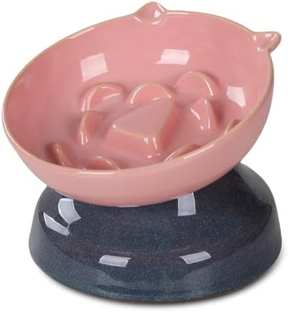 Ceramic Slow Feeder Cat Bowl, 15-Degree Tilted Non-Slip by KittyDine
