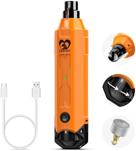 Casfuy 6-Speed Dog Nail Grinder - Newest Enhanced Pet Nail Grinder Super Quiet Rechargeable Electric Dog Nail Trimmer Painless Paws Grooming & Smoothing Tool for Large Medium Small Dogs (Orange) by casfuy