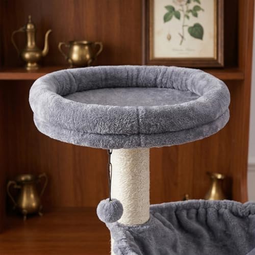 Multi-Level Cat Tree for Indoor Cats, Cat Tree Tower with Big Cat Hammock and Self-Grooming Brush, Cat Tower with Scratch Ladder, Indoor Climbing Activity Tower with Scratching Posts, Grey - Image 3
