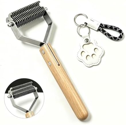 2-in-1 Undercoat Rake & Dematting Tool for Dogs & Cats - Professional Deshedding Brush with Wood Handle - Stainless Steel Grooming Rake for Long Haired Pets - With Paw Print Hair Keepsake Keychain by Unknown