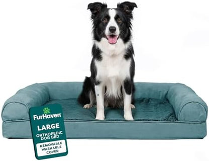 FurHaven Orthopedic Dog Bed for Large Dogs, Sofa Contour Mattress with Egg Crate with a Solid Orthopedic Foam Base for Joint Support, Removable Washable Cover, Large, Plush & Suede, Deep Pool by FurHaven