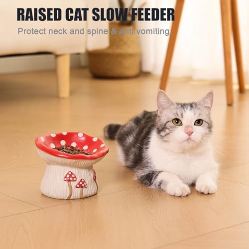 Ceramic Cat Slow Feeder, Cute Mushroom Shape Elevated Food Bowl, Shallow Raised Cat Dish, Anti Vomiting Whisker Fatigue Bowls - Image 5